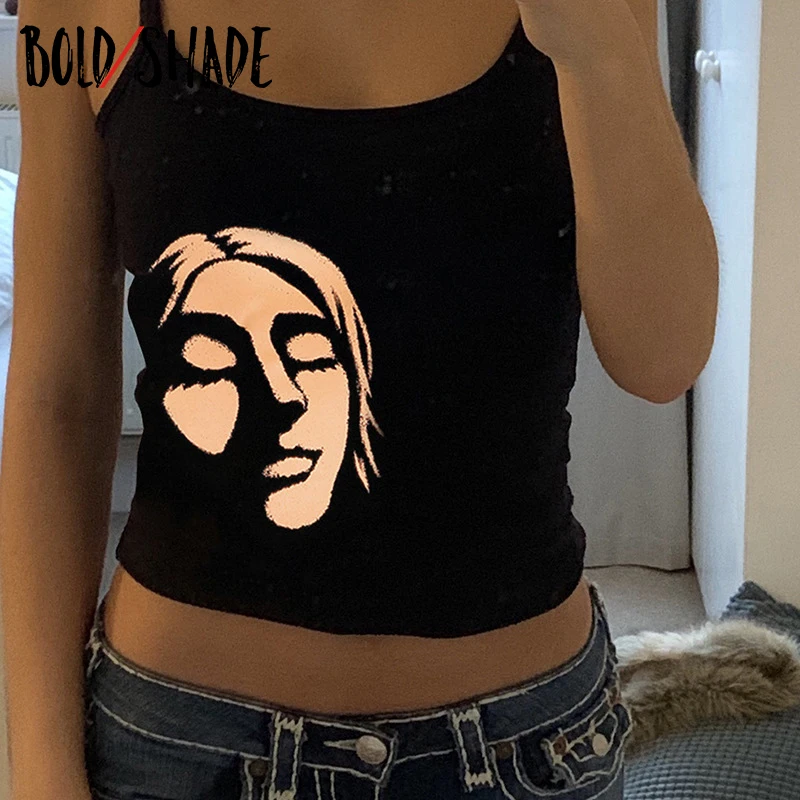 

Bold Shade Goblincore y2k Vintage Cami Top Black Graphic Print Indie Fashion Goth Slim Navel Crop Tops Women Summer Basic Camis