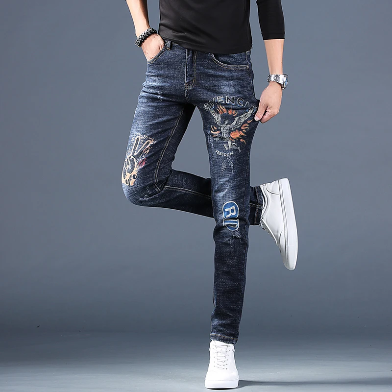 Autumn Men's Black Blue Jeans Fashion Printed Slim Fit Pencil Pants Streetwear Stretch Denim Trousers
