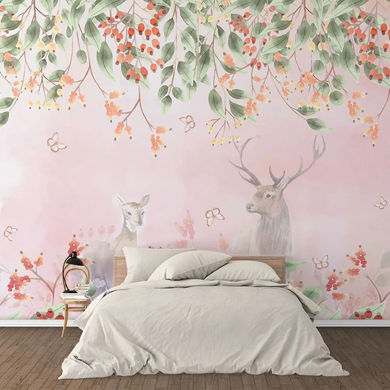 

Custom Photo Hand Painted Flowers Plant Leaves Elk Romantic Pink Pastoral Children Room Bedroom Wall Decoration Mural Wallpaper