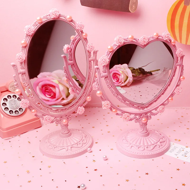 

Pink Carved Kawaii Makeup Mirror DIY Pearl Dressing Table Decorative Mirrors Room Decor Vanity Mirror Plastic Heart-shaped