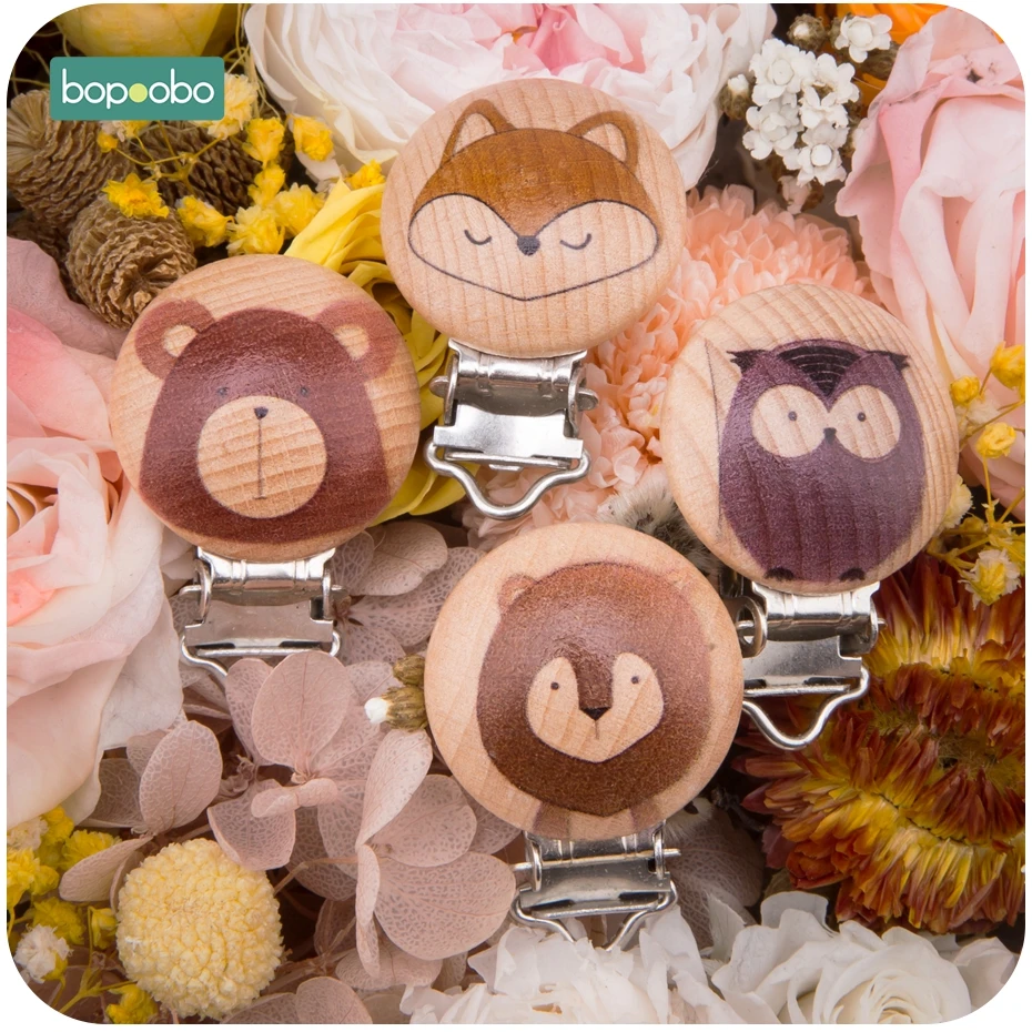 Bopoobo, 2 шт., деревянная соска, Детские аксессуары, деревянная Соска с животным, металлические зажимы, держатель, сердце, соска, деревянный детский Прорезыватель