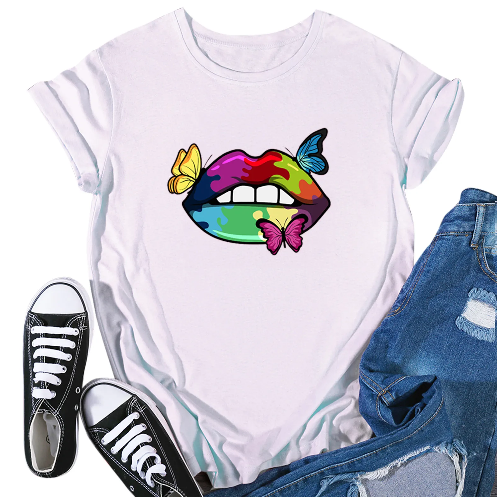 

Женская футболка с принтом губ, летняя футболка, женская модная футболка в стиле Харадзюку, женская одежда 90-х, женская футболка с графическ...