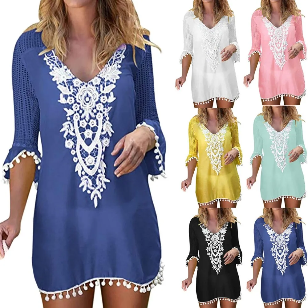 

Summer Swimwear Lace Patchwork Hollow Beach Dress Women Pom Pom Trim Tassel Beach Cover Up Beach Wear mini dress assel Boho
