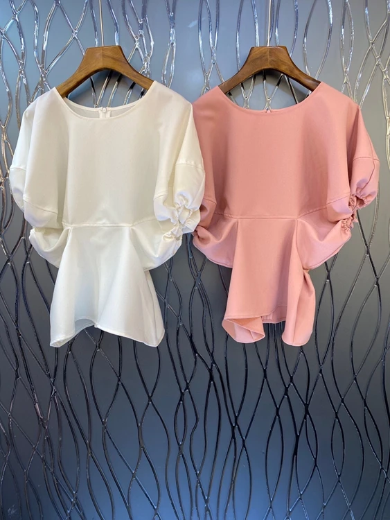 

Женский топ с асимметричным подолом, однотонный топ с круглым вырезом и декоративными складками, модель 2021 на весну и лето, 323