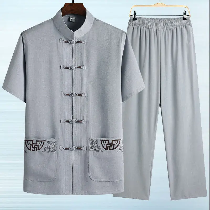 2021 summer old outfit suits middle-aged man hanfu cotton and linen Chinese wind father summer with short sleeves