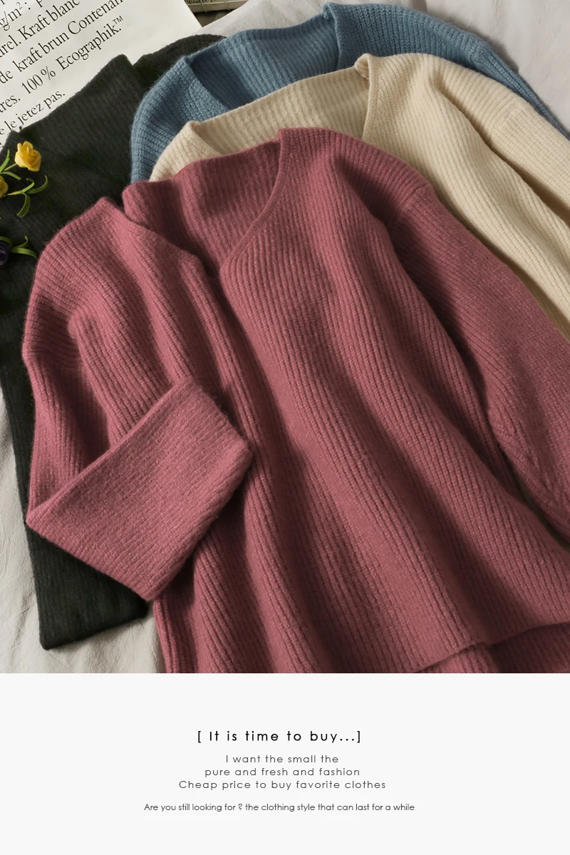 

2020 New Loose Slimming Straight-through Simple Sweater Women's Autumn and Winter V-neck Long Sleeves Outerwear Pullover Sweater