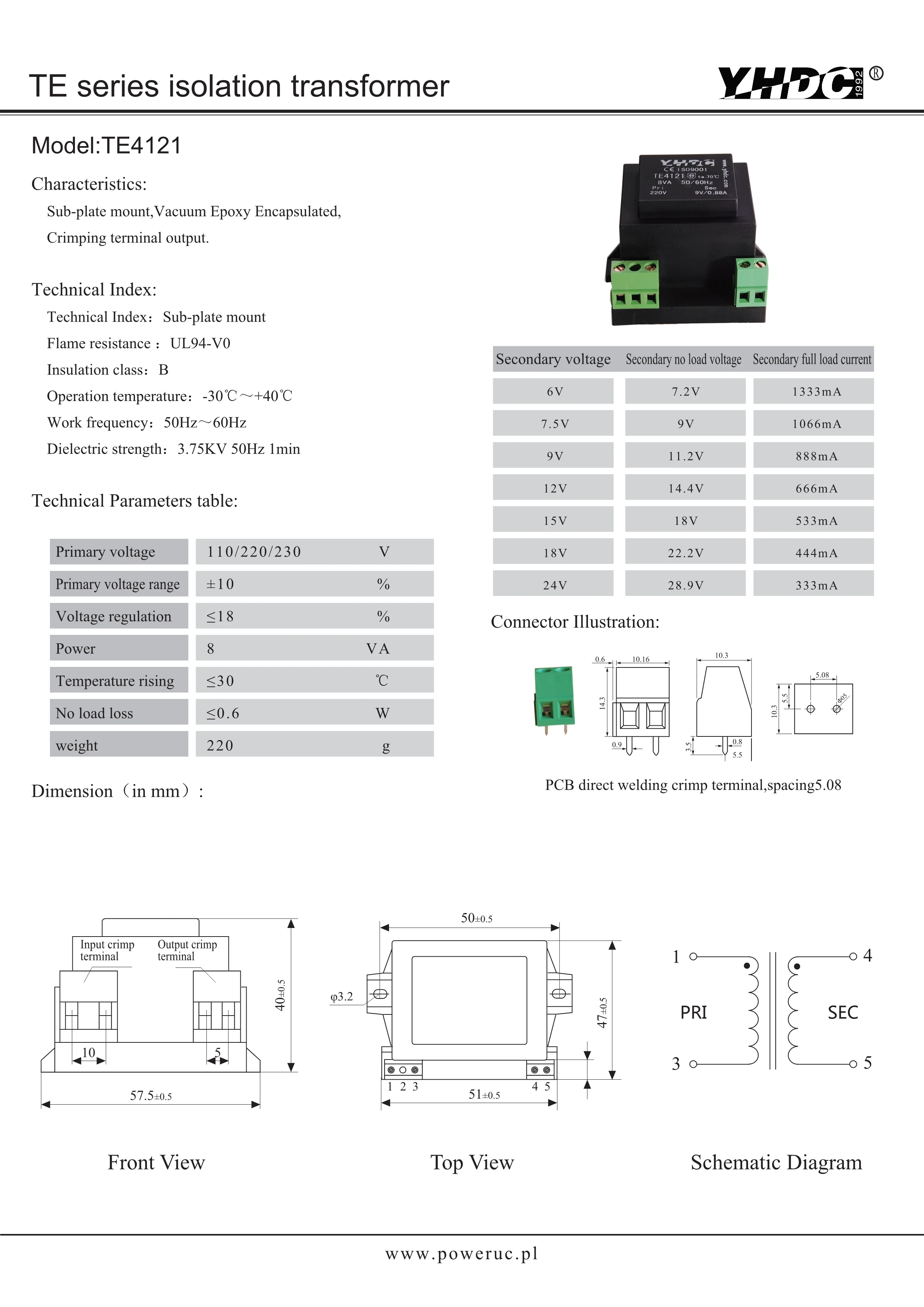 YHDC TE4121 мощность 8VA вход 230В выход 15В вакуумная эпоксидная инкапсулированная