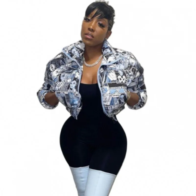 

Parkas Puffer Jacket Women Ripper Turn Down Collar Short Jackets Autumn Winter New Print Fashion Streetwear Outerwear Coats 2021