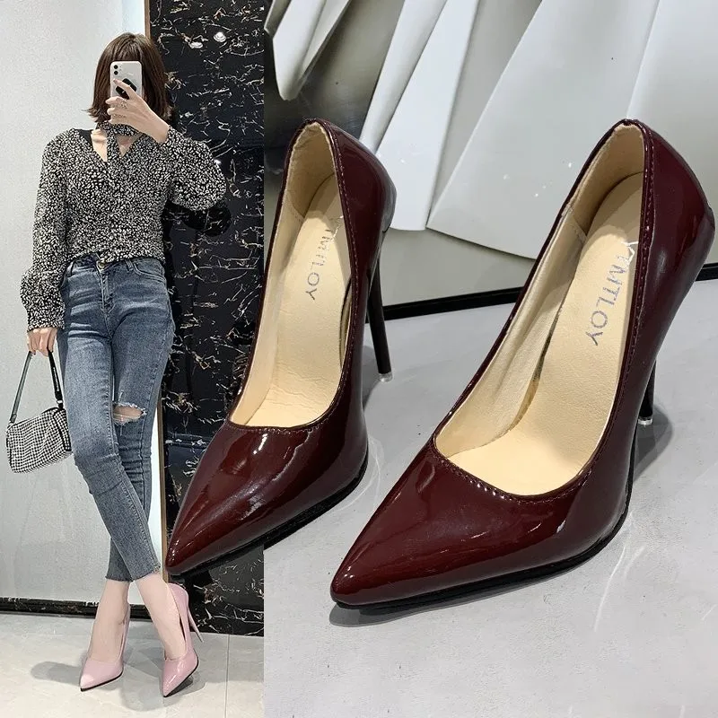 2021 New Fashion Nude Color Small Fresh High Heels Patent Leather Stiletto Single Shoes Sexy Pointed Toe Slip-On Pumps Shoes