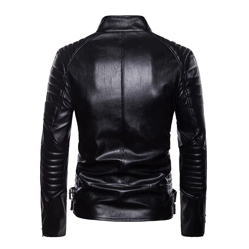 

Mcikkny Men Pu Leather Jacket Coats Stand Collar Motorcycle Casual Leather Jackets Outwear For Male Zipper Pockets