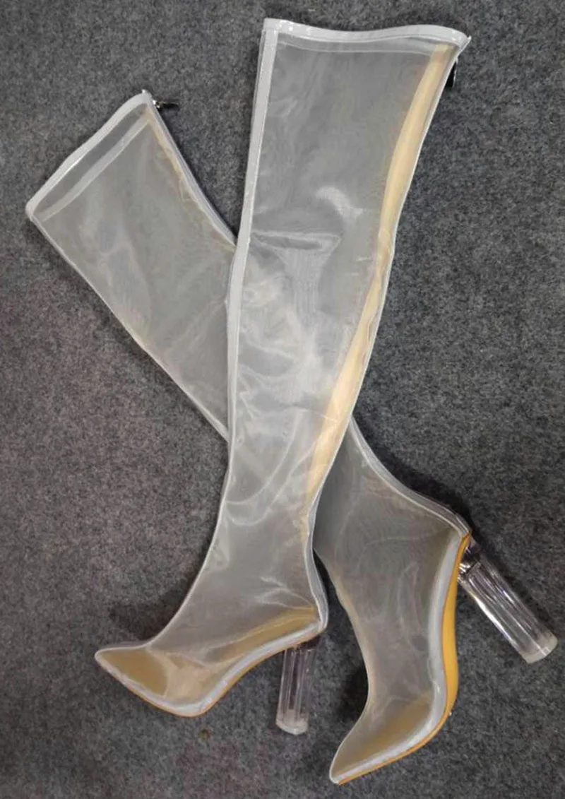 

Женские сетчатые ботфорты, высокие сапоги выше колена на высоком прозрачном толстом каблуке, с острым носком, на молнии, 2021