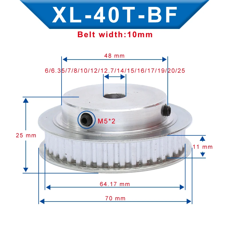 XL 40T Timing Pulley Bore size 6-25 mm Teeth Pitch 5.08 mm Aluminum Pulley Wheel Teeth Width 11 mm For 10mm XL Timing Belt