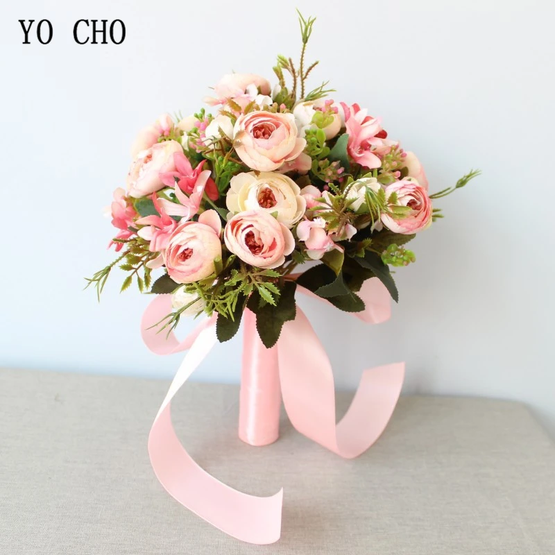 

YO CHO Wedding Bouquet Bride Flower Bouquet Artificial Silk Rose Peony Flower Daisy Buds Bridesmaid Sister Pink Wedding Bouquets