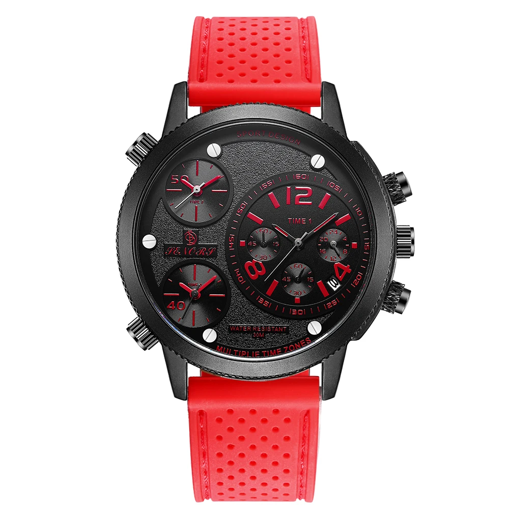 

Unique Three Time Zone Mens Quartz Watch Sub Dial Multifunction Watches Silicone Strap Big Face Waterproof Wristwatches for Man