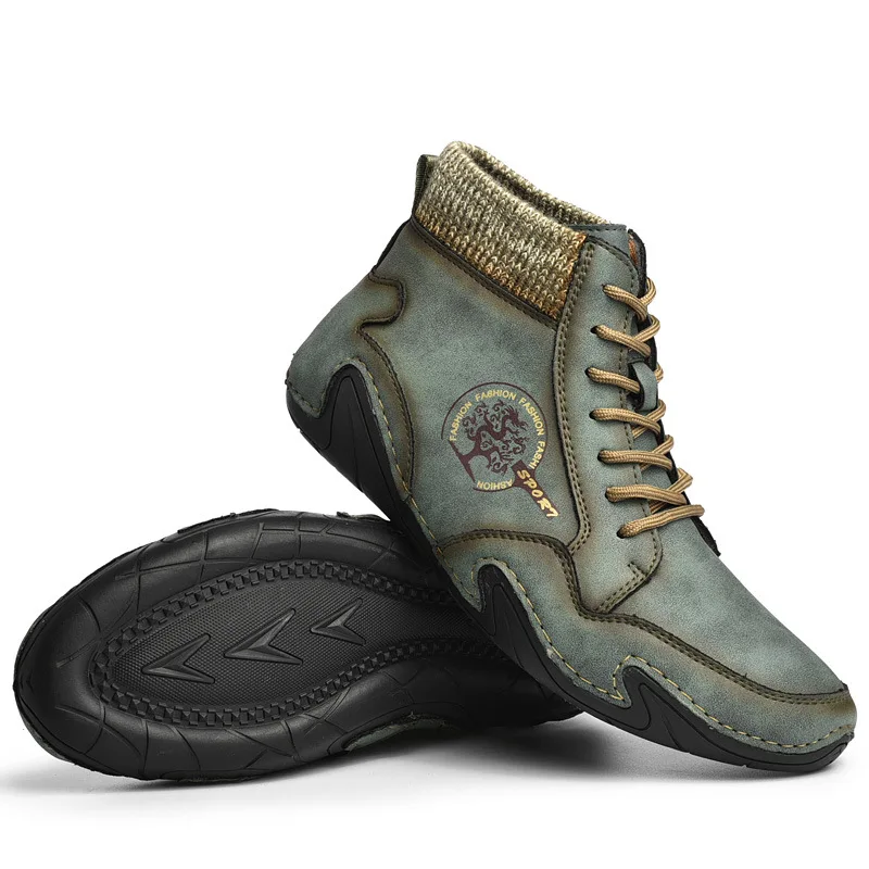 

Men Casual Shoes High top outdoor hiking Sneakers Genuine Leather Shoes Leather Flats Leather warm Work shoes Hand stitch Boots