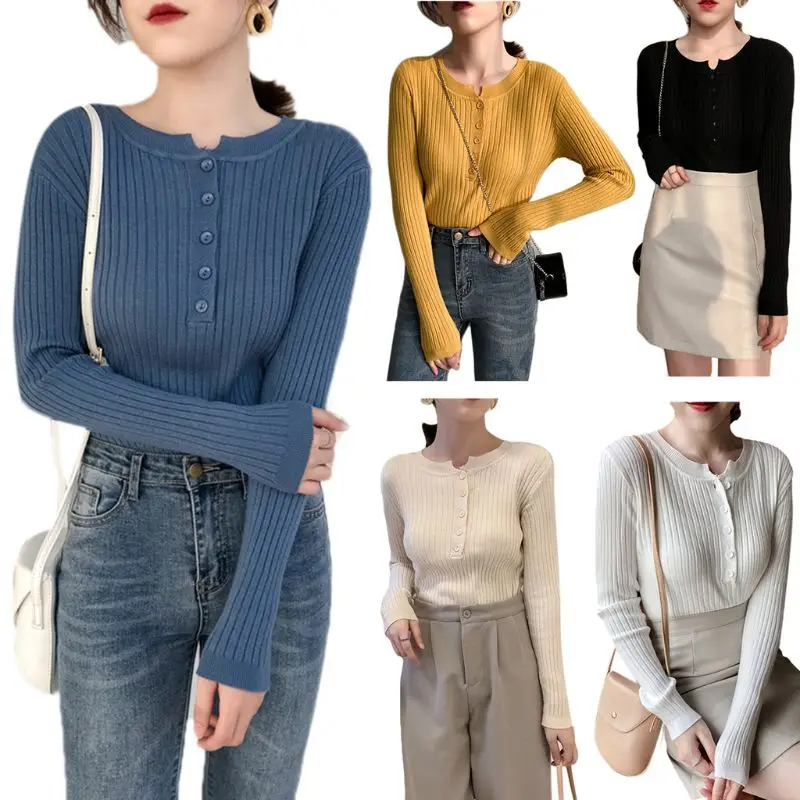 

Женский свитер с длинным рукавом, пуловер с полупуговицами спереди и круглым вырезом, облегающий джемпер, топы