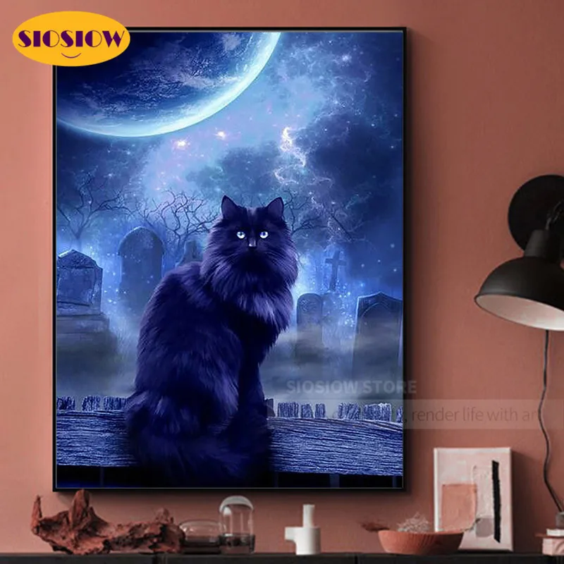 5D алмазов картина с изображением черного кота луна животные квадратное льняное