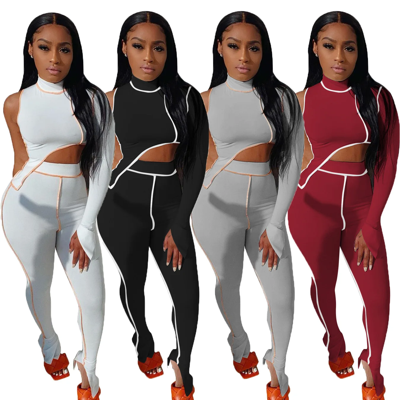 

2020 Fall Casual 2 Piece Sets for Women Turtleneck One Sleeved Asymmetrical Shirts Crop Top Split Flare Pants Tracksuits