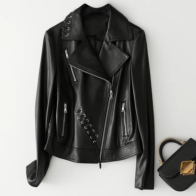 

Tcyeek 100% Sheepskin Coat Female Streetwear Moto Biker Genuine Leather Jacket Women Spring Winter Fit Real Leather Jackets A53