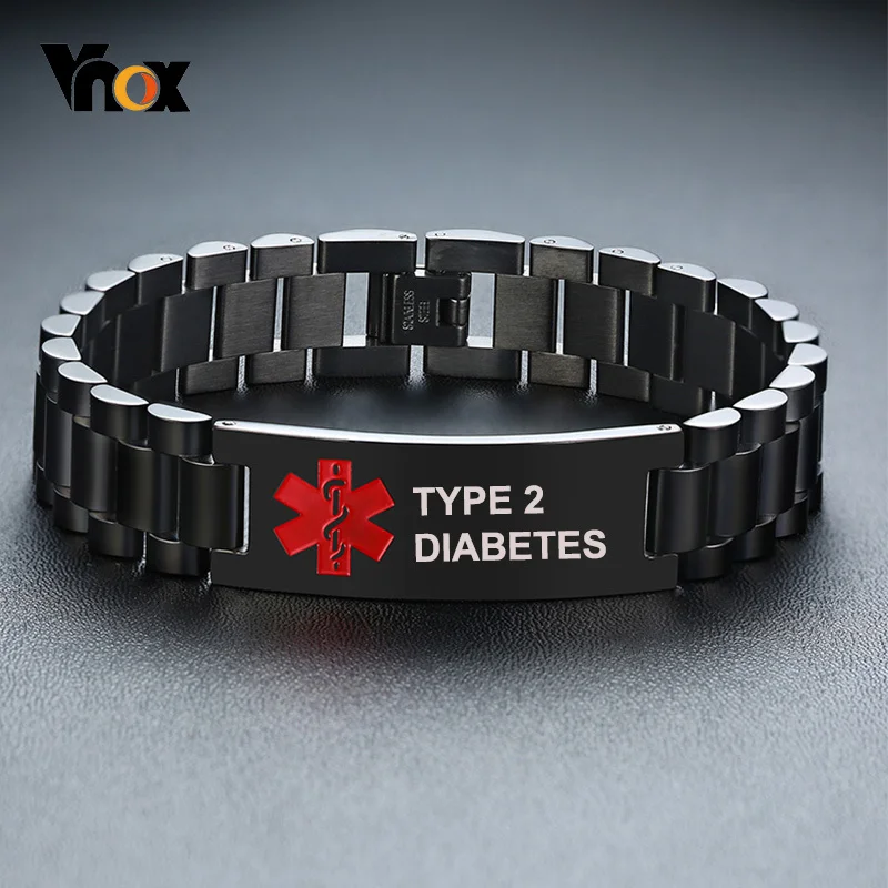 

Vnox Mens TYPE 2 DIABETES Medical Alert ID Bracelets Custom Engrave Disease Name ICE Info Black Stainless Steel Chunky Chain