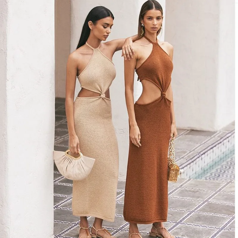 

Robe Sexy Femme Vacation Knitted Maxi Dresses for Women Summer 2021 Elegant Party Cut Out Backless Bodycon Spaghetti Strap Dress