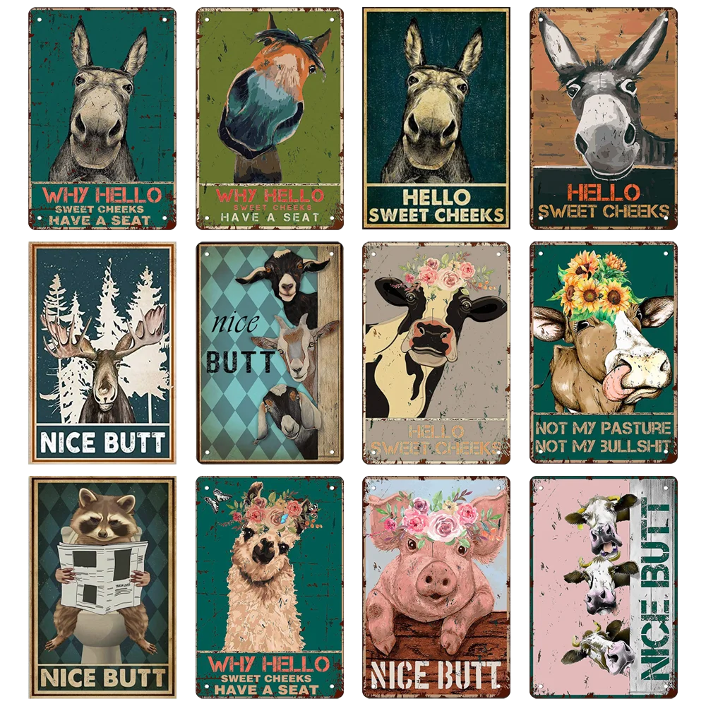 Металлический жестяной знак Ослик Здравствуйте Милые щеки бык Красивая ягодица
