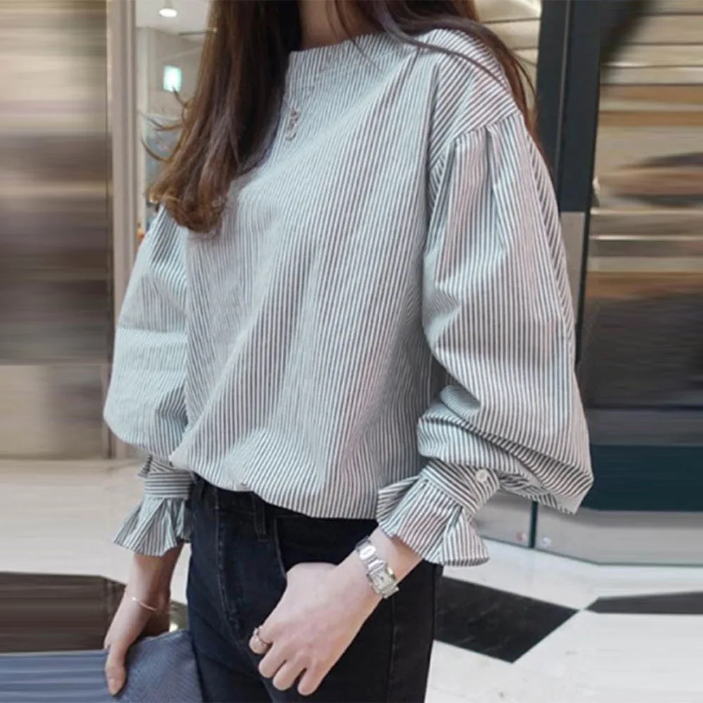 

Пуловер женский с круглым вырезом, блузка с рюшами и манжетами, с рукавами-фонариками, Офисная Повседневная рубашка в Корейском стиле, весна...