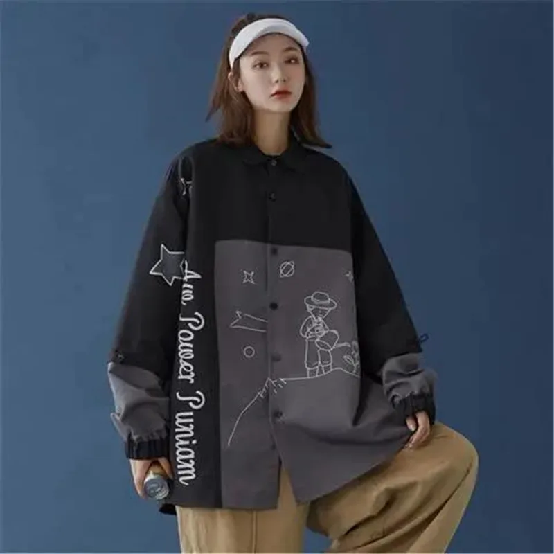 

Fashion Patchwork Shirt Girl Funny Summer Oversize Shirt Women Korean Gothic Tops Japanese Clothes Long Sleeve Harajuku Shirt