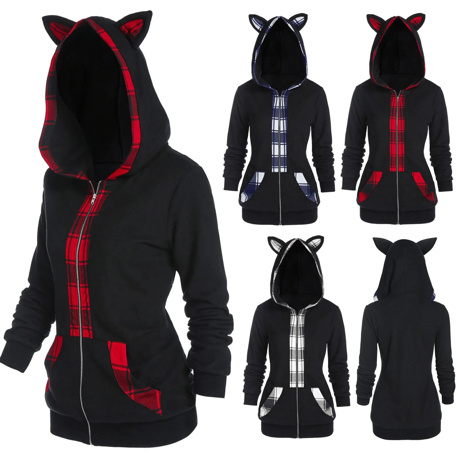 

Vogue Cat Ear Hooded Jacket Coat Casual Sweatshirt Pockets Zipper Coat Streetwear Female Winter Long Sleeve Womens Outerwear
