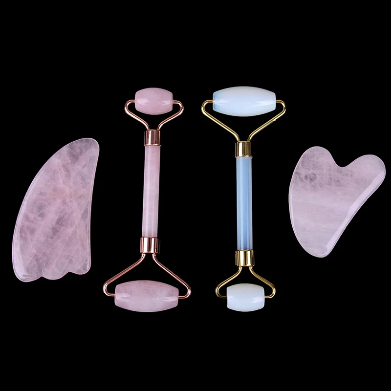 Natural Pink Rose Quartz Crystal Stone Gua Sha Roller Face Neck Beauty Massager
