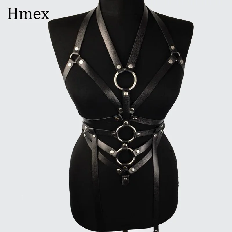 1 Set Womens PU Leather Harness Garter Sexy Bondage Metal Ring Chest Belt Lady's Black strap Lingerie Suspender Belts