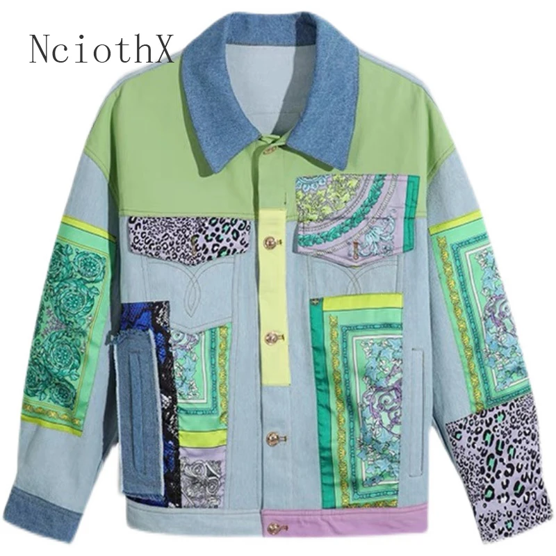 

Spring Summer Fashion Blue Vintage Print Patchwork Cotton Denim Jacket Women Jeans Coat 2021 New