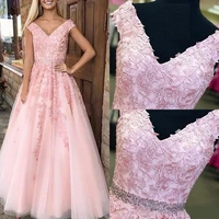 elegant blush pink tulle prom dresses 2022 v neck sleeveless lace appliques beaded sash lace up back celebrity evening gowns abe