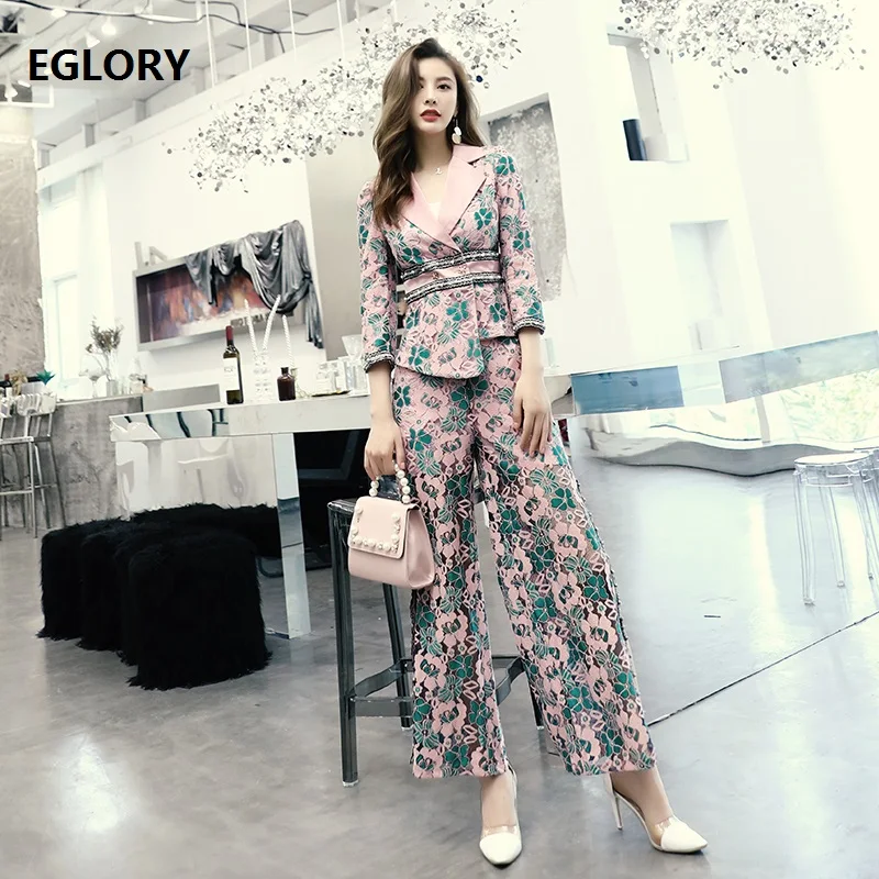 

2020 Autumn Fashion Blazer Jacket Sets High Quality Women Notched Collar Lace Blazer Coats+Split Sexy Long Lace Pant Sets 2pc