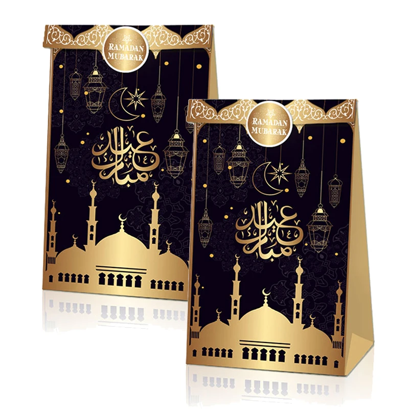 

12- Paper Packaging Bags Letter Print Ramadan Mubarak Islamic Holidays Eid al-Fitr Gift Goody Food Wrap Bags Pouch with Sticker