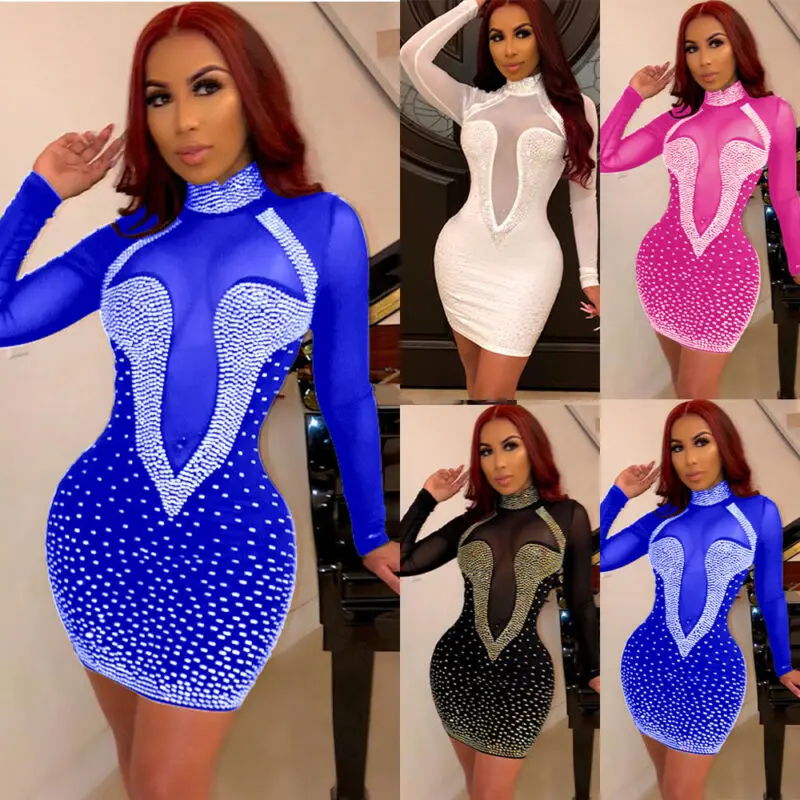 

Women Crystal Dress Long Sleeve Crystal Bodycon Dress Evening Mini Dresses