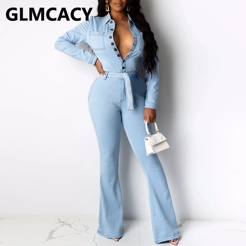 

Women Long Sleeve Button Down Jumpsuit Elegant Office Ladies Elegant Slim Denim Jumpsuit