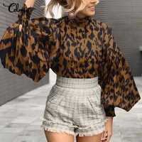 celmia women leopard print oversize blouses 2021 fashion lantern sleeve office blusas casual stand collar streetwear tunic tops