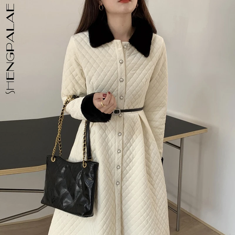 

SHENGPALAE Fashion Argyle Cotton Jacket Women's Winter 2021 New Fur Collar Pearl Single Breasted Long Sleeve Parker Coat Female