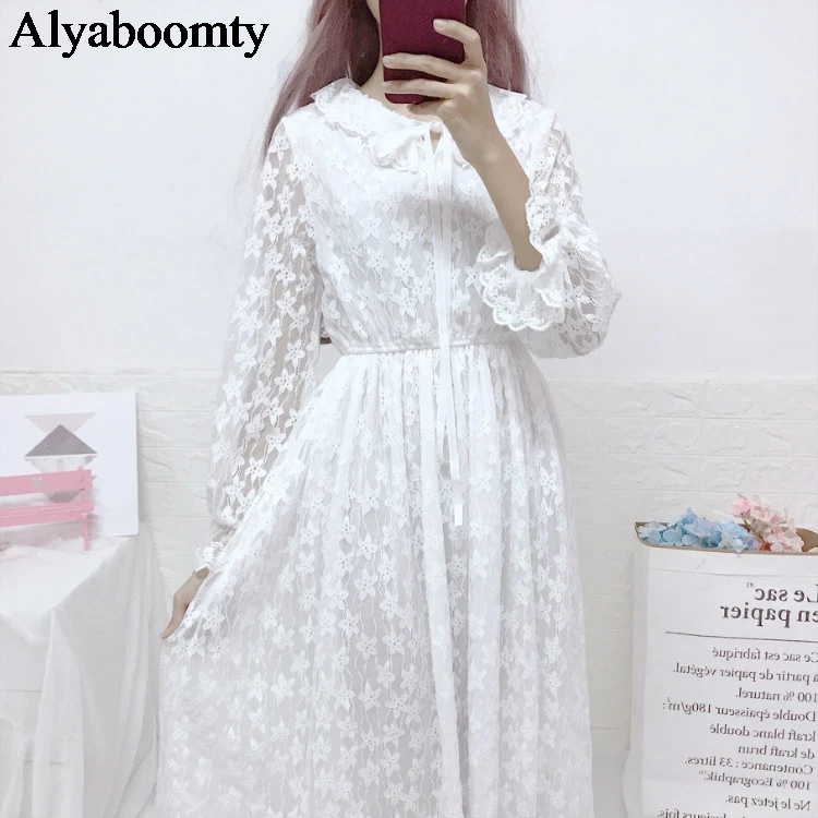

Japanese Women Lolita Party Dress Peter Pan Collar White Floral Lace Dress Hollow Out Elegant Cute Kawaii Christmas Gift Dress