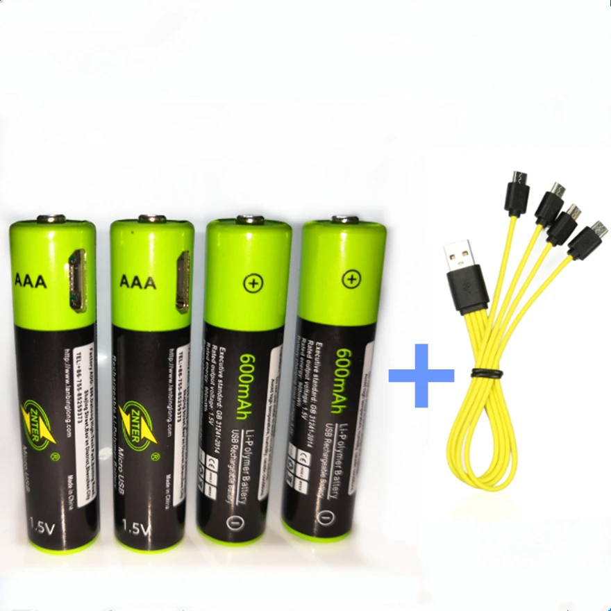 ZNTER AAA перезаряжаемая батарея 1,5 V AAA 600mAh usb зарядная литиевая батарея с микро USB кабелем