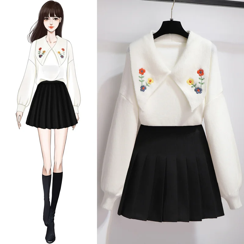 

Осенне-зимний простой свитер с цветочной вышивкой и большими лацканами в новом дизайне + черная плиссированная юбка, комплект из двух предм...