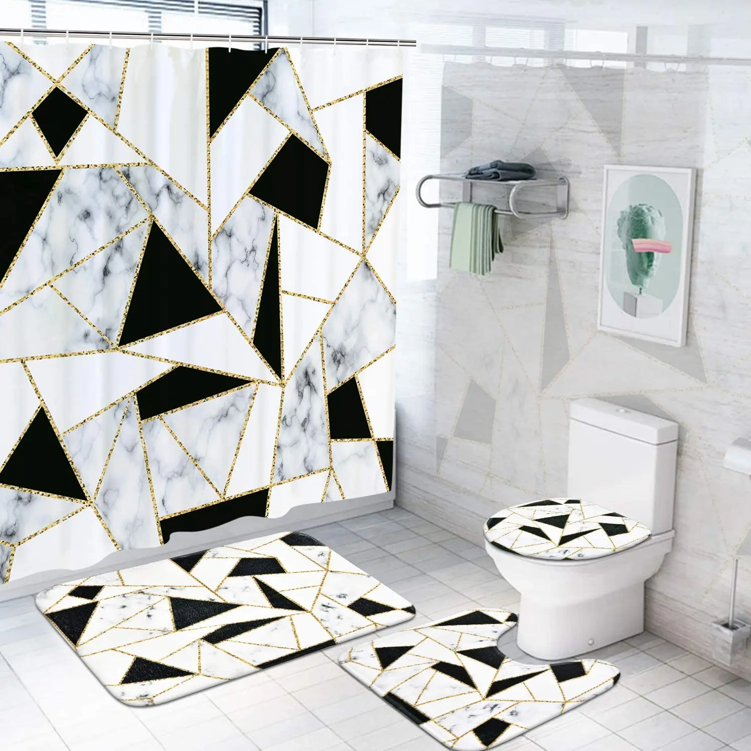

4 Pcs Marble Shower Curtain Set with Rugs, Toilet Lid Cover Bath Mat, Black White Geometric Shower Curtain with 12 Hooks