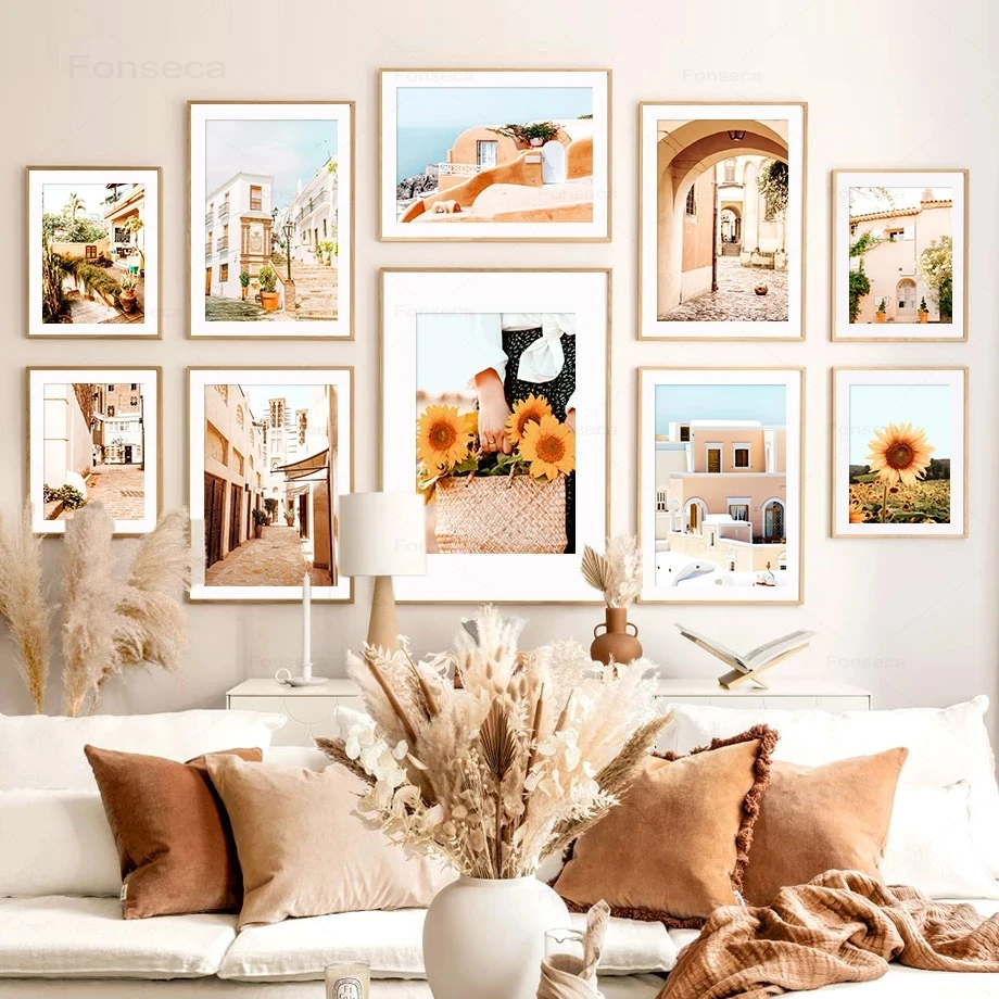 

Sunflower City Street Scenery Poster Nordic Home Decor Wall Art Canvas Painting Aegean Girl Building Pictures for Living Room