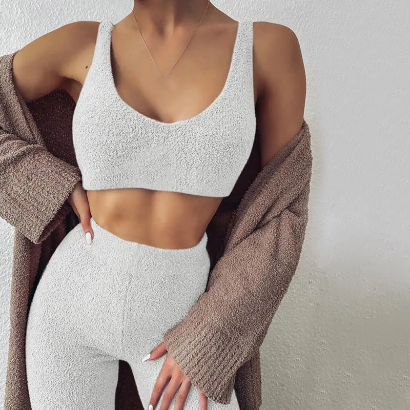 

Women Autumn Home Wear Plush Outfit Suit Two-piece Set V-neck Sling Exposed Navel Vest Tops + Plush Pants Lady Clothes