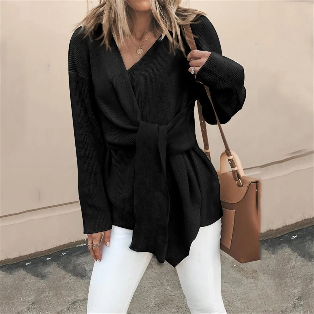 Новинка Европейская Женская блузка с поясом Осенний тонкий кардиган длинным