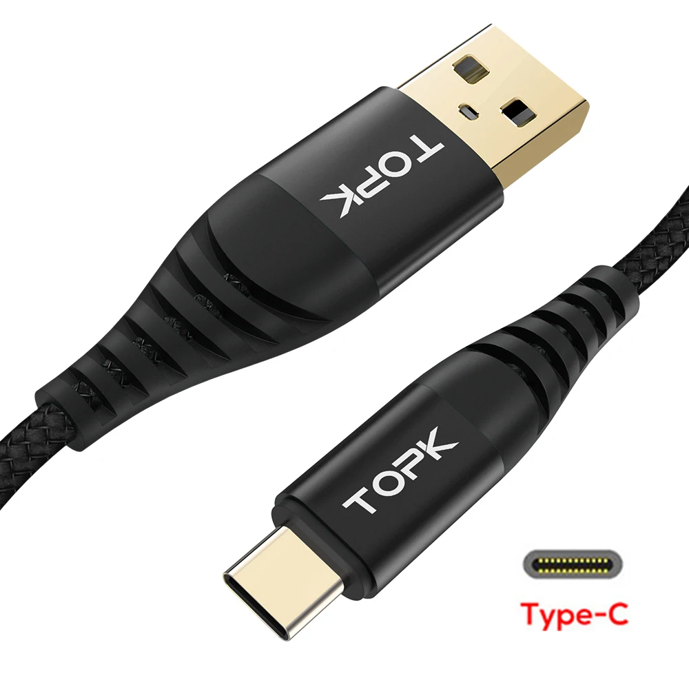 Black Кабель TOPK AN42 3A Quick Charge 3,0 usb type C для Xiaom Redmi Note 7, кабель type-C для быстрой зарядки samsung S9 S10 Plus, USB C - Цвет: Black