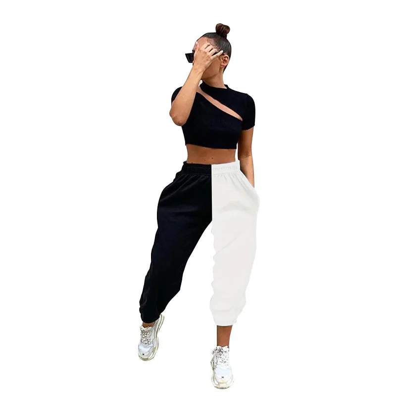 

HED 2020 high waist black&white Harem pants sweatpants patchwork sporty cautumn women loose casual sporty streetwear trousers