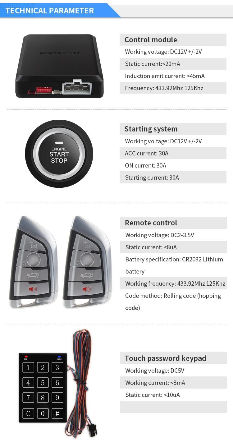 Easyguard компания Smart key keyless go car аварийная система удаленного запуска двигателя Кнопка запуска touch ввода пароля DC12V вибрац