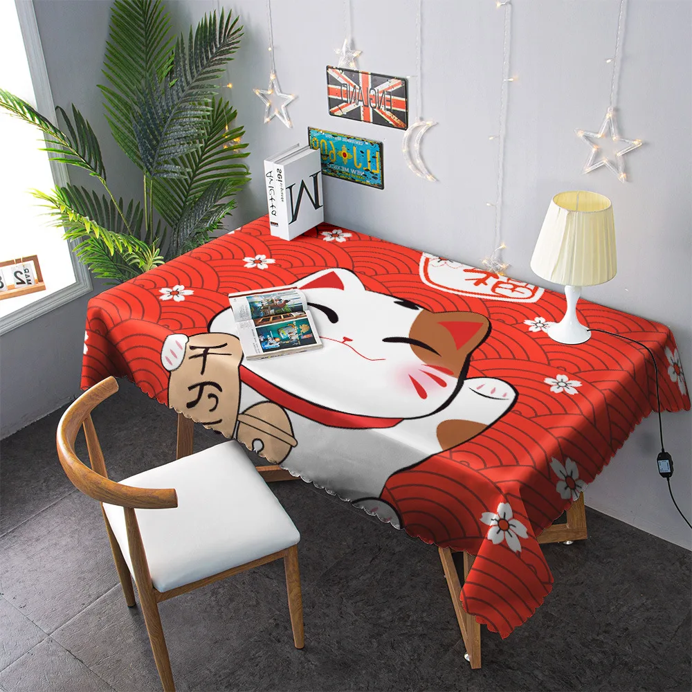 

Cartoon Lucky Cat Rectangle Tablecloth Kitchen Coffee Dining Table Cover Spandex Fabric Waterproof Oilproof Decor Table Cloth